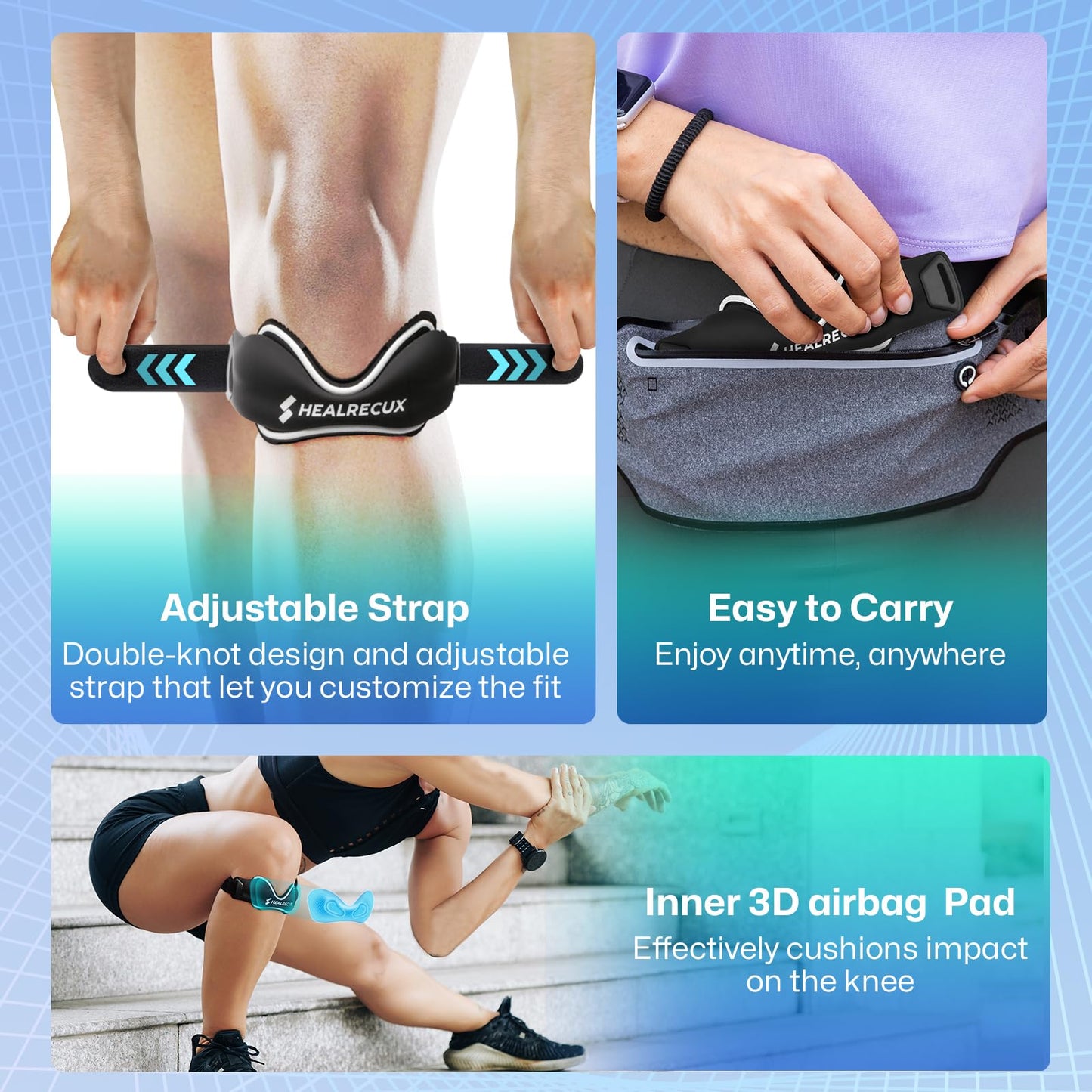 Healrecux Patellar Tendon Support Strap, Silicone Patella Knee Strap, Non-Slip Patella Band Knee Brace for Jumpers Knee, Tendonitis, Basketball, Volleyball - Black 2 Pack