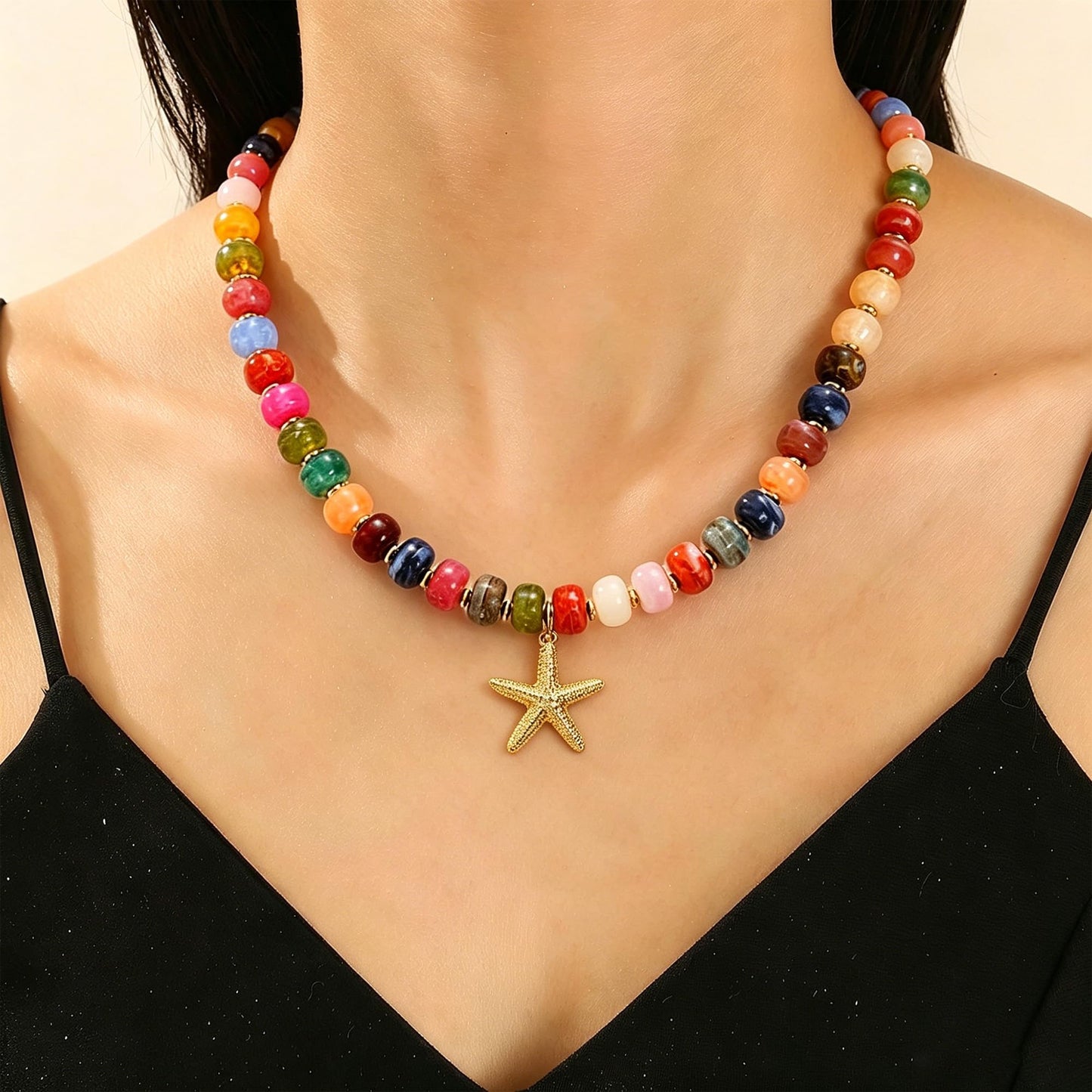 ZXYMHL Chunky Beaded Starfish Shell Necklace Colorful Boho Beach Chain Choker for Women Summer Trendy Vacation Jewelry Gift