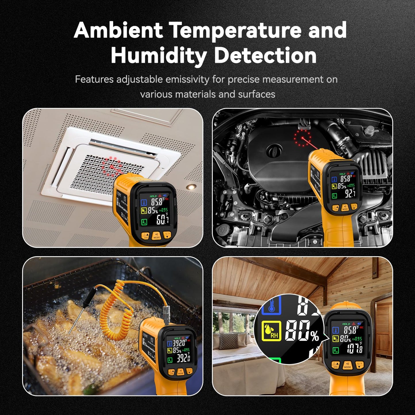 Surpeer 50:1 Infrared Thermometer IR Laser Gun, -58°F to 1796°F, Digital Temperature Gun/K-Type Probe -4°F to 932°F & Humidity Sensor for Cooking, Pizza Oven BBQ HVAC Home-Industrial Use