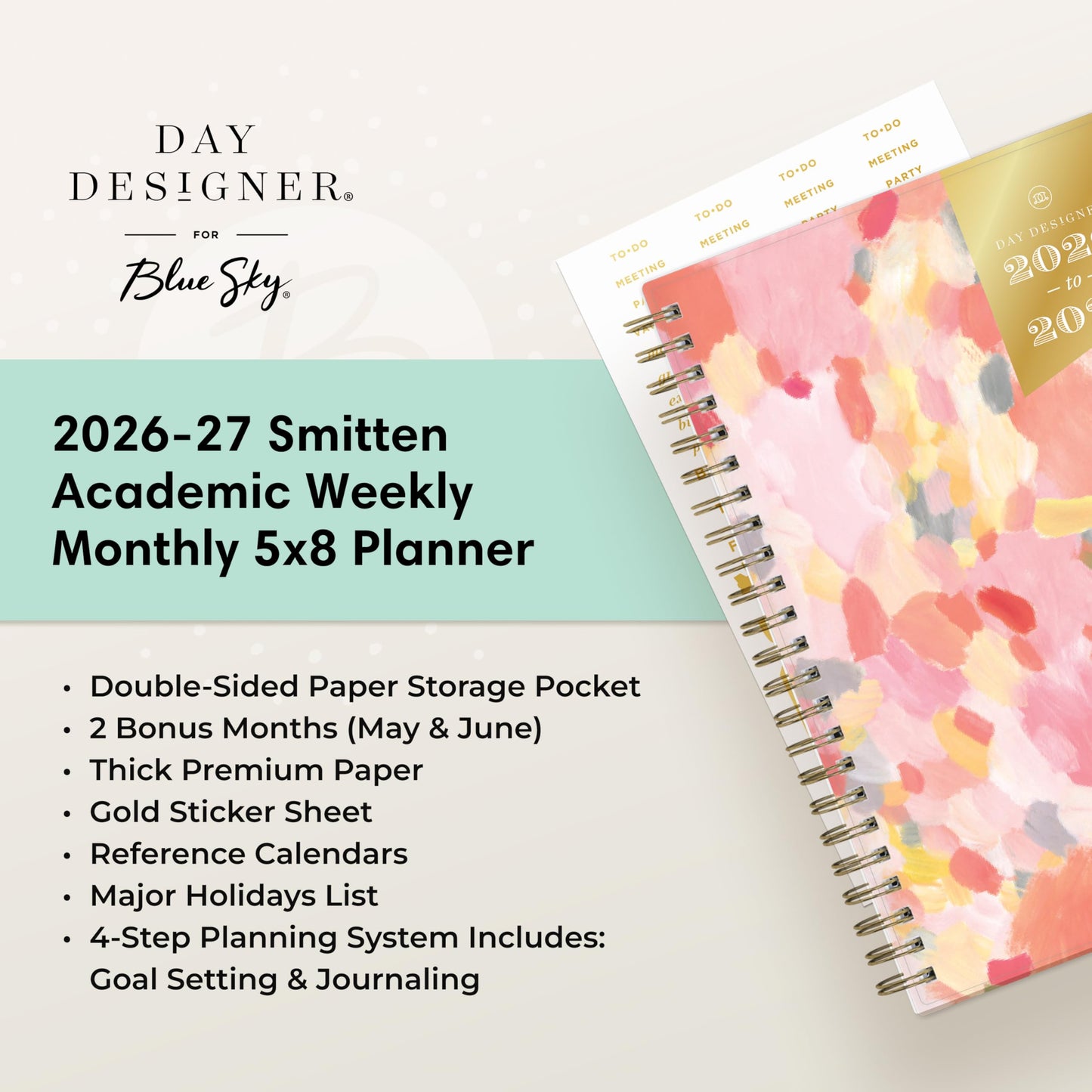 Blue Sky Day Designer 2026-2027 Weekly and Monthly Academic Year Planner Calendar, July 2026 - June 2027, 5" x 8", Flexible Cover, Wirebound, Storage Pocket, Includes Stickers, Smitten
