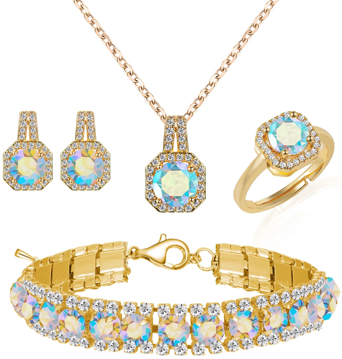 4pcs Cubic Zirconia Wedding Jewelry Sets for Bride Bridesmaid Cubic Zirconia Pendant Necklace Earrings Link Tennis Bracelet Open Ring Set (Gold Plated Iridescent AB Cubic Zirconia)