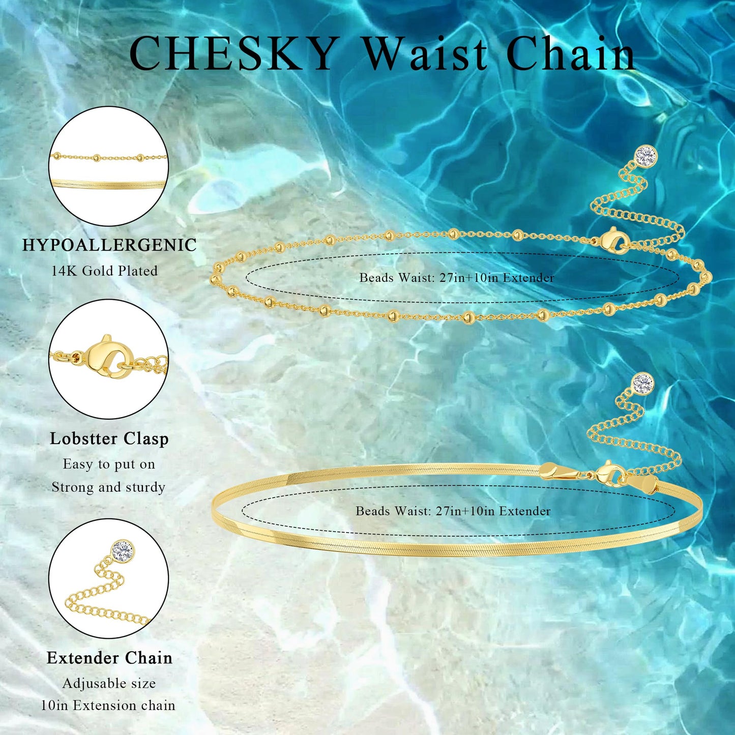 Risamil Waist Beads for Women, 14k Gold Plated Waist Chain Gold Chain Belts for Women Dainty Beach Gold Accessories for Womens Cute Body Chain Belly Snake Chain Body Beach Jewelry for Womens Gifts