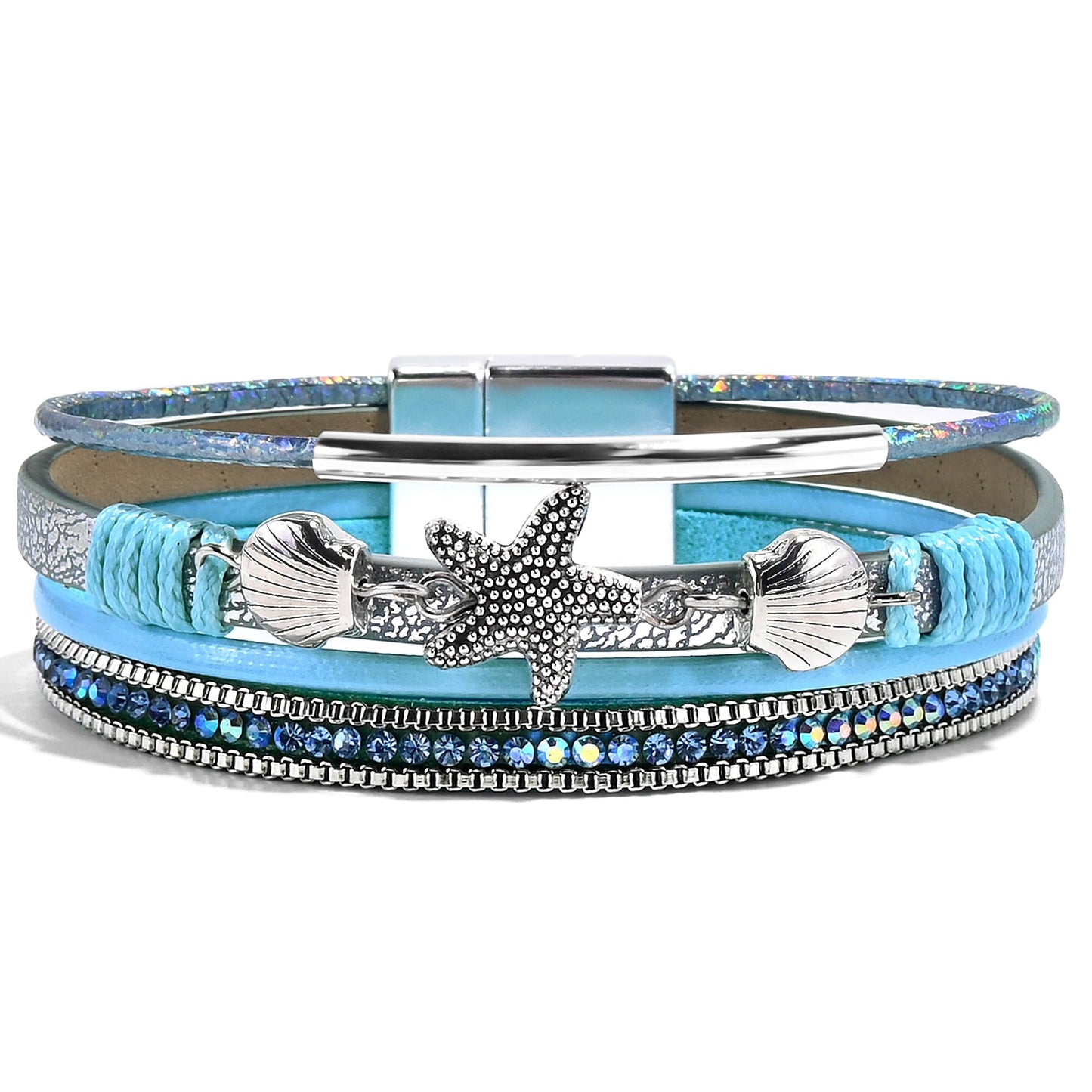 VIBILIA Boho Leather Wrap Bracelets for Women Shell starfish Multi-Layer Bracelets with Strong Clasp Jewelry for Women-Blue