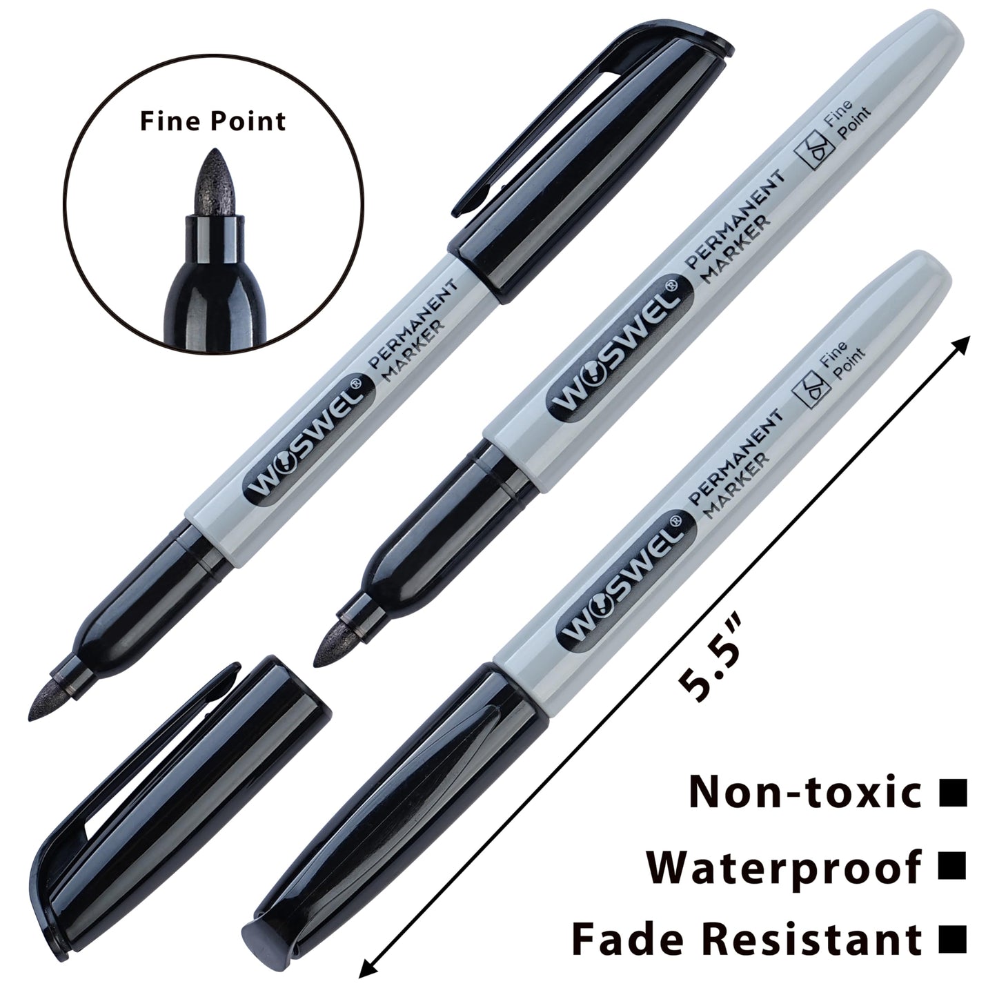 WOSWEL Permanent Markers Bulk, 144 Pack Fine Point Tip Black Permanent Marker Set, Waterproof Markers, Premium Smear Proof Pens, Quick Drying, Office Supplies for School, Office, Home