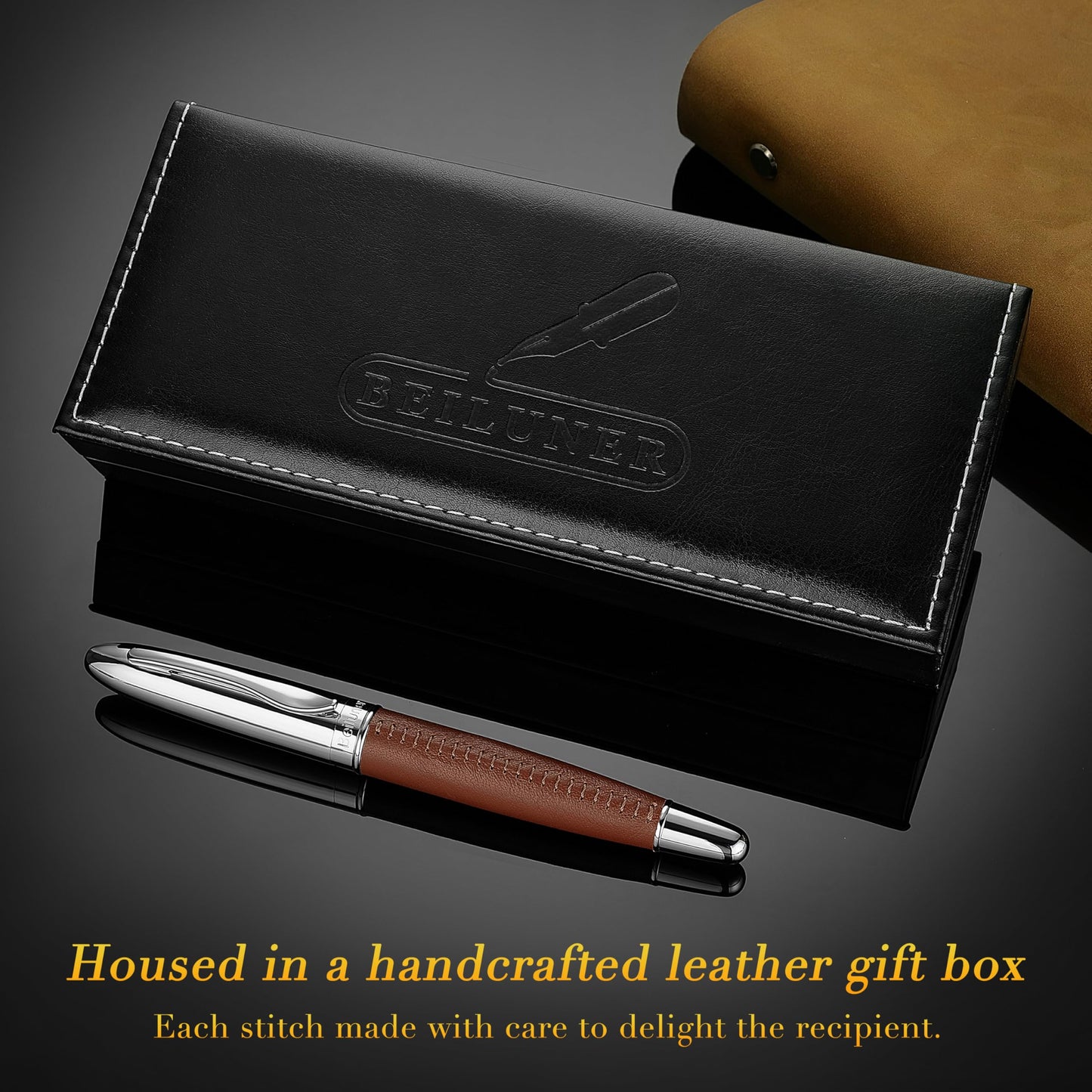 BEILUNER 318 Luxury Leather Pen, Hand-Stitched Premium Leather, Chrome-Plated Finish, Schmidt Ink Refill, Fancy Rollerball Pen Gift Set for Men & Women, Executive Writing, Nice Designer pen