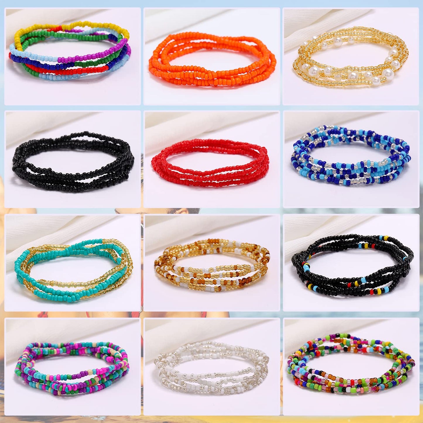 Waist Beads for Women Bulk Colorful Beaded Body Chain Elastic String Waist Chain Beach Bikini Belly Chains Summer Y2k Jewelry for Women 24 Pieces