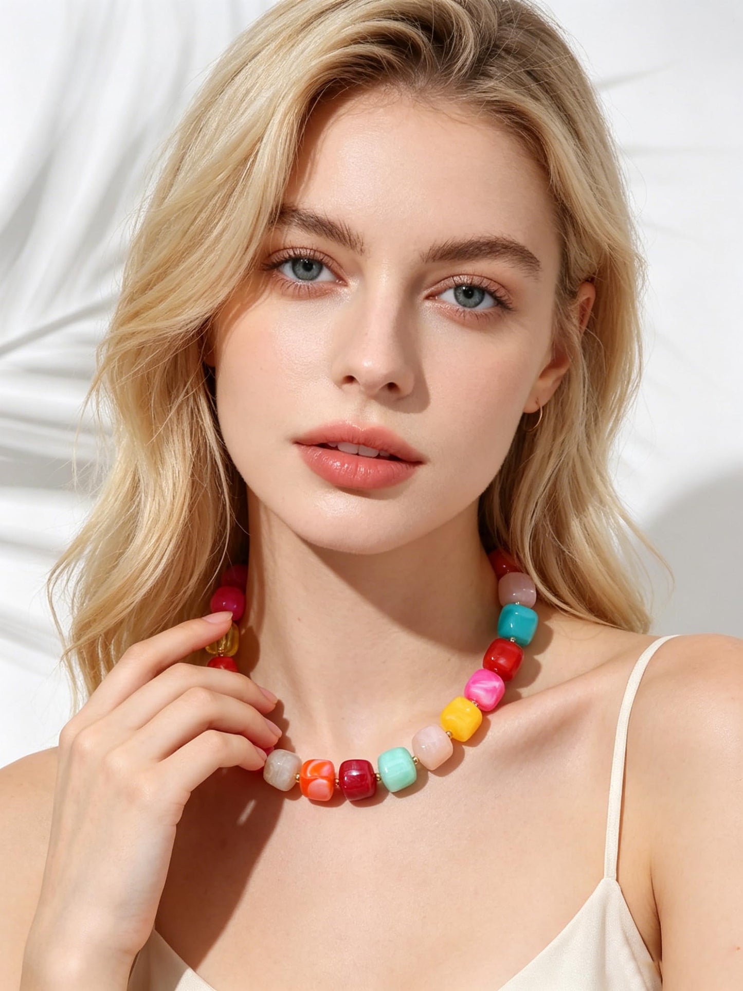 joymiao Resin Chunky Beaded Necklace for Women Colorful Rainbow Square Acrylic Beaded Necklace Statement Summer Jewelry