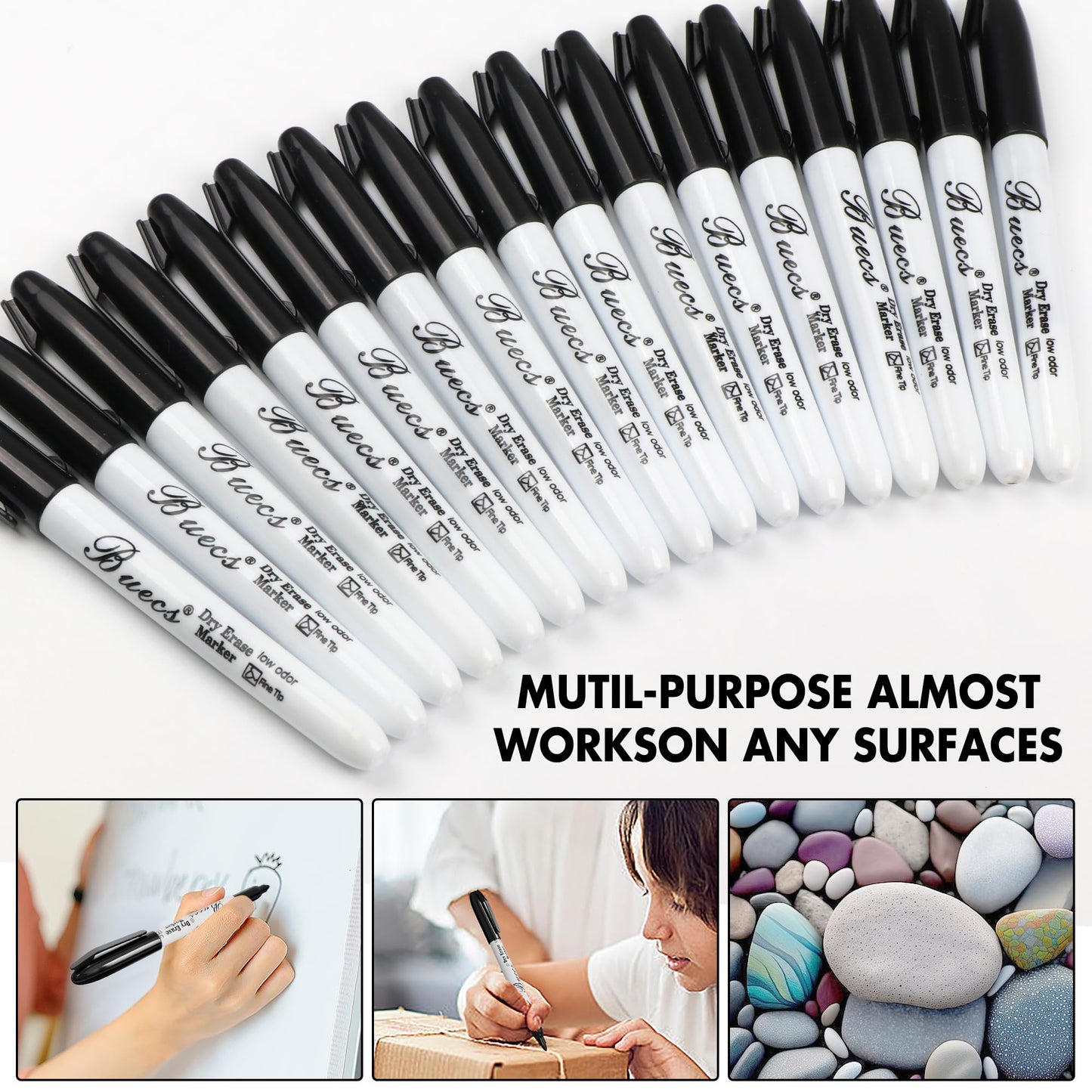 Buecs Black Dry Erase Markers, Low-Odor, 60 Count, Fine Point, Perfect for Writing on Whiteboards, Dry-Erase Boards, Glass, School Office Supplies