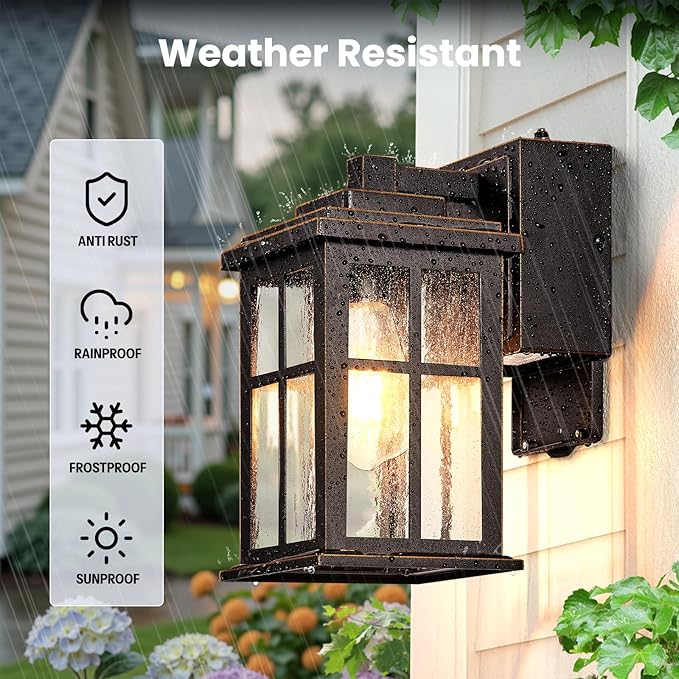 Gleamz Outdoor Porch Light with GFCI Outlet, Oil Rubbed Bronze Gold Trim Farmhouse Exterior Lighting Fixtures with Outlet for House, Waterproof Outdoor Wall Sconce, Anti-Rust Aluminum Outside Light