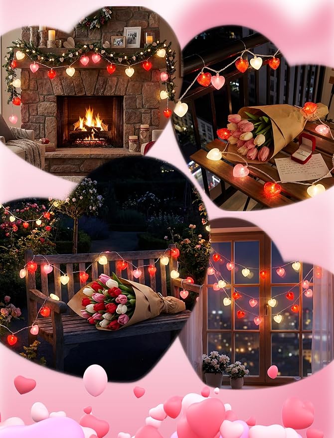 Heart String Lights Plug in, 8.5FT Valentine Lights Indoor Outdoor, Heart Shaped Glitter String Light with 10 LEDs, UL Listed, IP44 Waterproof for Valentine’s Day Decor