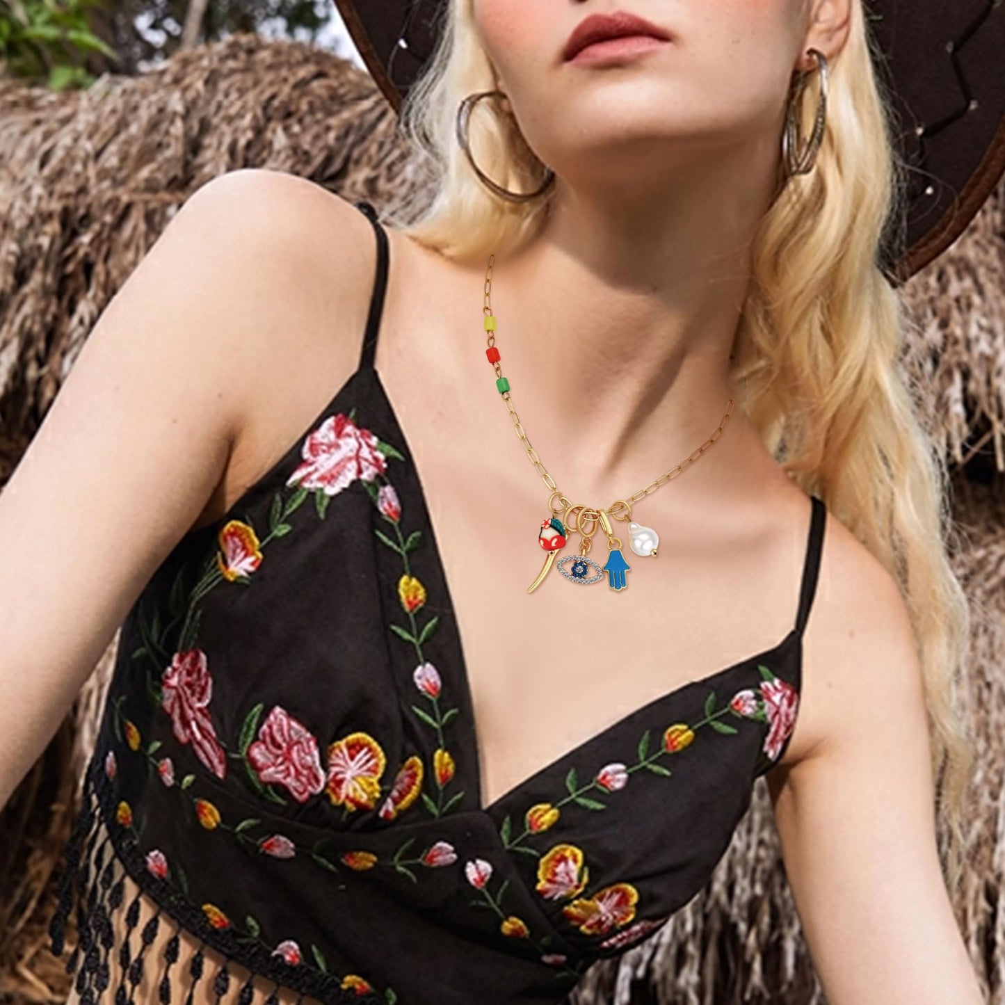 BONJOULRY Charm Necklace for Women Dainty Gold Evil Eye Pendant Protection Necklace Paperclip Chain Italian Horn Hamsa Hand Pearl Charms Necklaces Trendy Jewelry Tiny Eye