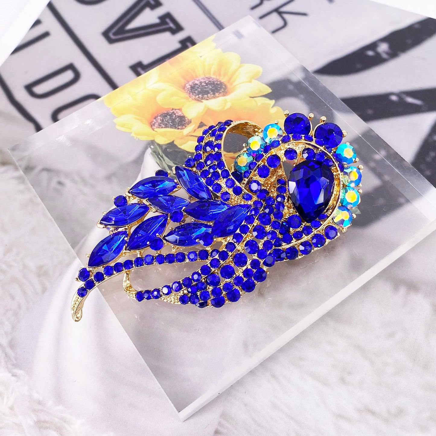 LAXPICOL Women's Vintage Blue Austrian Crystal Elegant Flower Bouquet Wing Brooch Gold Tone