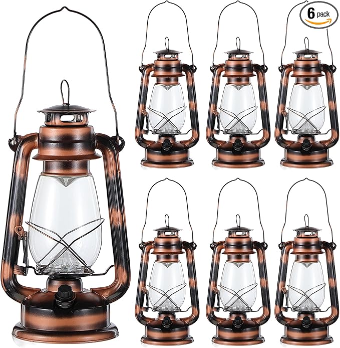 Hortsun 6 Pcs 12 Inch Vintage LED Hurricane Lantern Warm LEDs and Dimmer Switch Battery Operated Farmers Hanging Lantern for Indoor Outdoor Camping Usage Decor