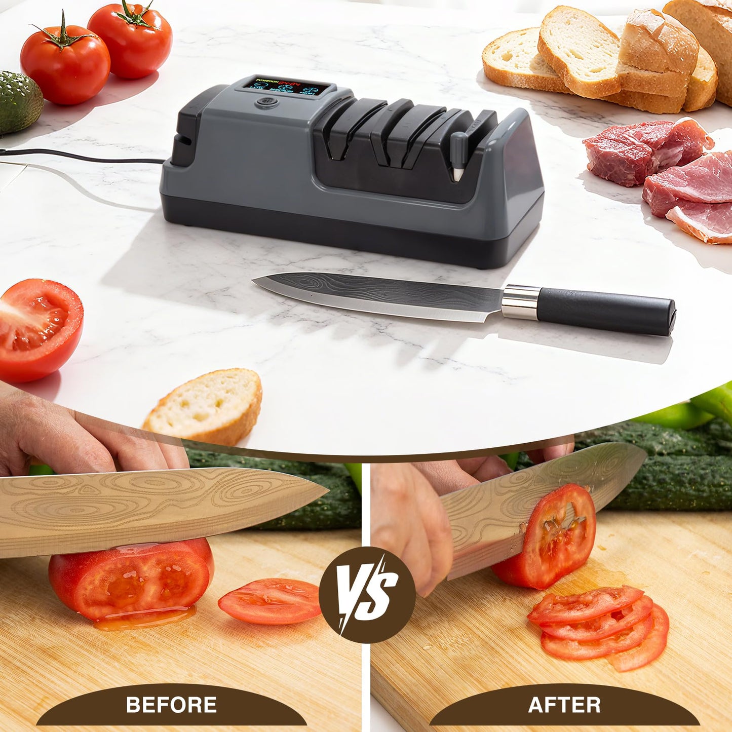 Ceelpeopar Professional 3-Stage Electric Knife Sharpener for Kitchen Knives, LCD Screen, 100% Diamond Abrasive, Adjustable Rotational Speed, Precision Angle Guides for All Kitchen Knives