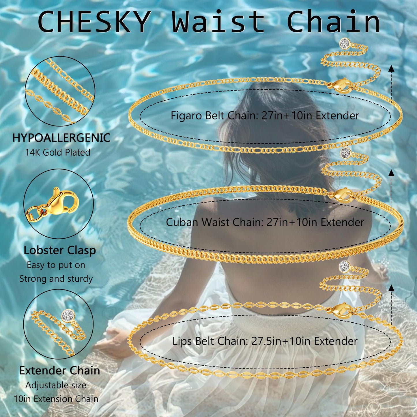 CHESKY 14K Gold Plated Layered Waist Chain for Women, Belly Belt Chains Beach Waist Beads Chain Waterproof Cuban Figaro Body Chain Summer Jewelry Accessories for Women