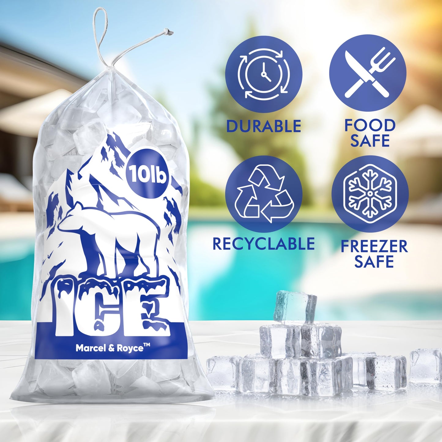 Marcel & Royce Plastic Ice Bags With Drawstring - 10 LB 100 Pack | Clear Cube Bags for Storing Ice | Heavy Duty Bags for Ice Machine | Reusable BPA FREE