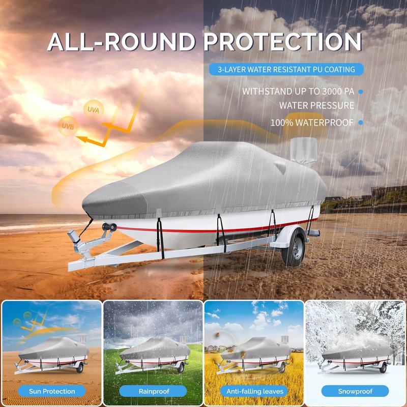Plscoverit Trailerable Boat Cover, 20'-22' Heavy Duty 1200D Polyester Canvas Boat covers, UV Resistant Waterproof Bass Boat Covers with Motor Cover, Fits V-Hull Tri-Hull Fish & Ski Boat Boat, Runabout
