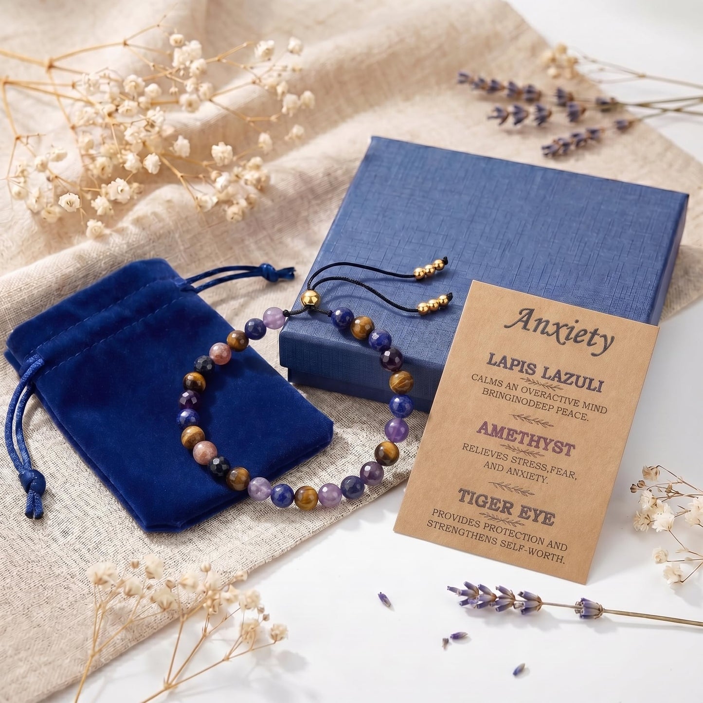 NUKAYAI Anxiety Relief Bracelet Gifts for Women Natural Stress Healing Crystals Lapis Lazuli Tiger Eye Amethyst Bracelet Jewelry Natural Stones