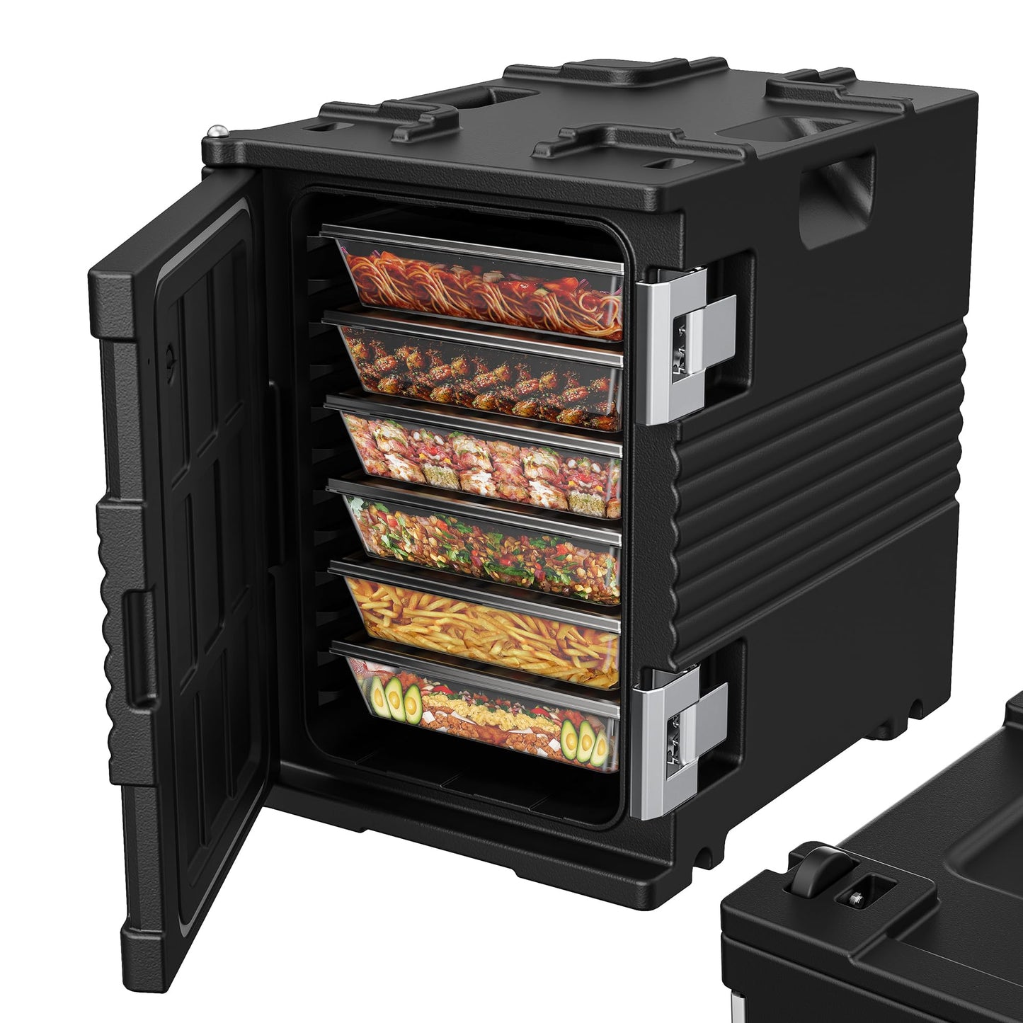 CAMMOO 95Qt Non-Electrical Food Warmer with Wheels, 304 Stainless Steel Latch, Catering Food Warmers for Parties LLDPE Insulated Food Carrier for 6 Full-Size Pans(NOT Included), Hot Boxes for Catering
