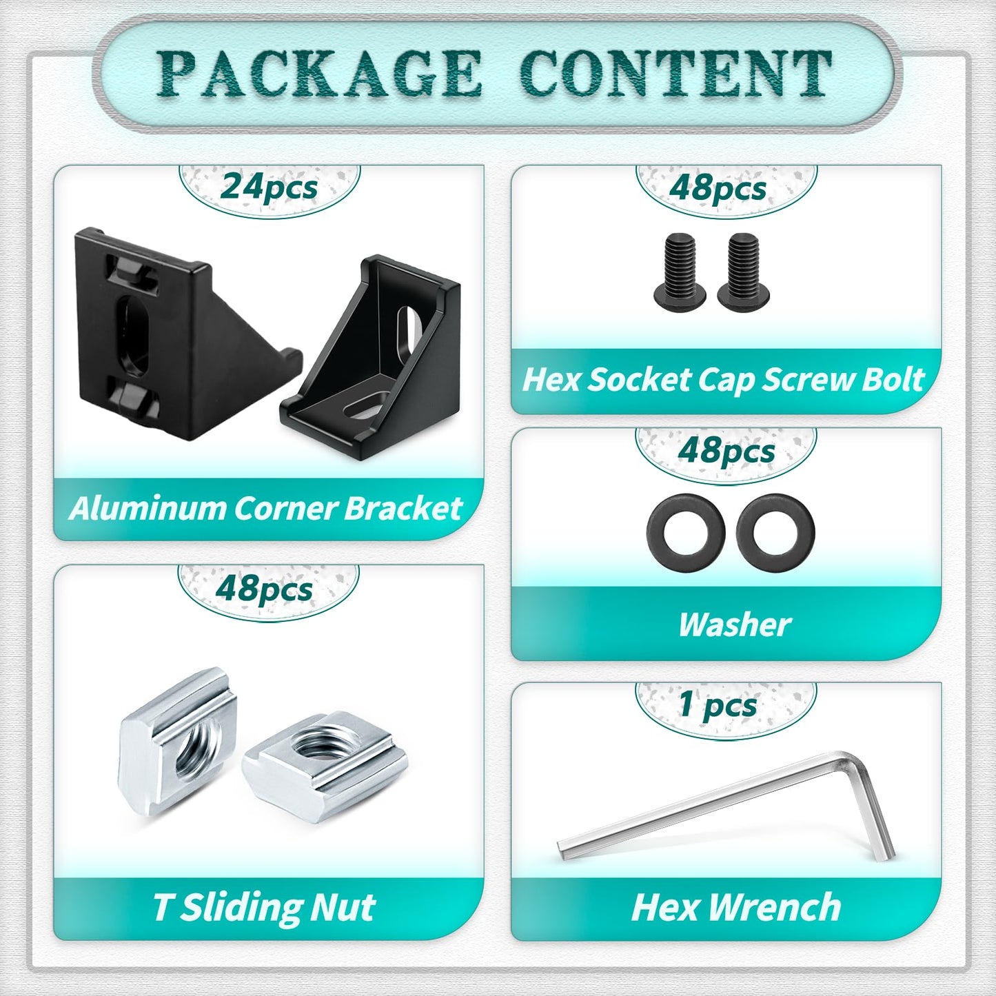 PETOX 24 Set Black 3030 Series Aluminum Extrusion Profile Connector, Includes 1pc Wrench, 24pcs 2835 Corner Bracket, 48pcs M6 T-Slot Sliding Nuts and Hex Screw Bolt for 20S Aluminum Rail Accessories