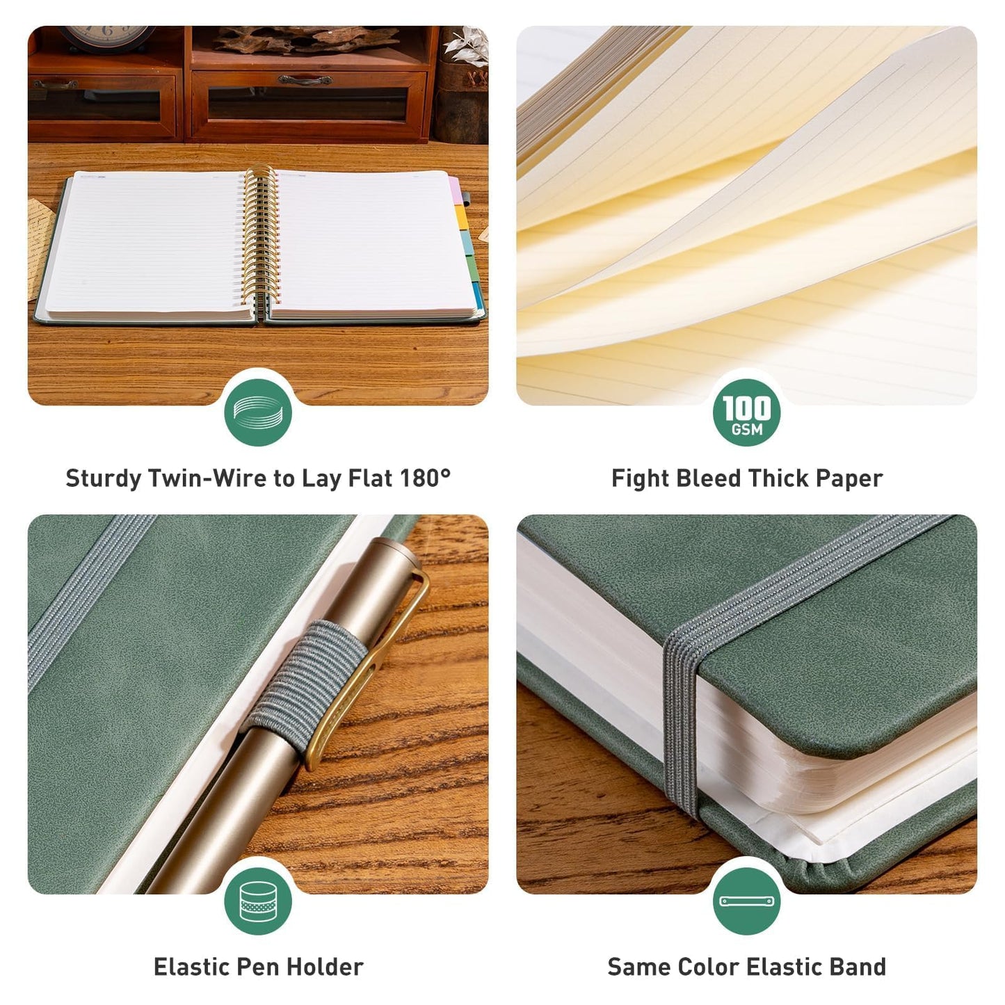 Ovesmusl Hardcover Spiral Notebook 8.5" x 11" with 5 Removable Dividers 300 Pages Leather 5 Subject Notebook College Ruled 100GSM Large Spiral Notebooks for Work Thick Lined Journal for Women, Green