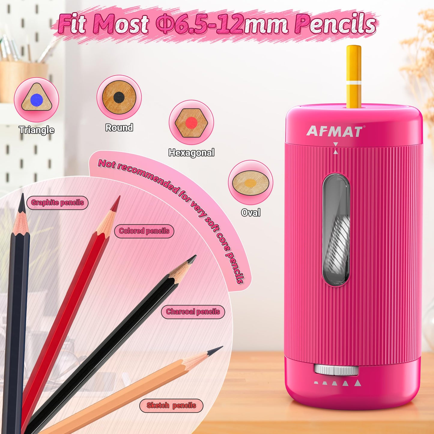 AFMAT Electric Pencil Sharpener, Auto in & Out, 5 Nibs, 7K+ Uses, Fully Automatic Classroom Pencil Sharpener, Rechargeable Hands-Free Sharpeners for Jumbo/Colored Pencils (φ6.5-12mm) PSC3(Rose Red)