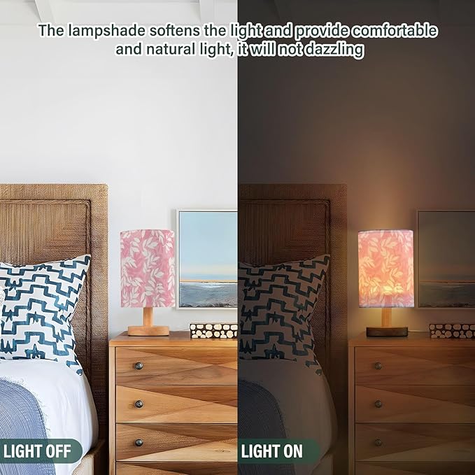 Fustylead Light Pink and White Leaves Bedside Table Lamps with USB Port for Bedroom Lamp Accent Table Lamp Small Nightstand Lamp Sturdy Linen Shade Wooden Decorative Lamps for Kids|Reading|Dorm|Home