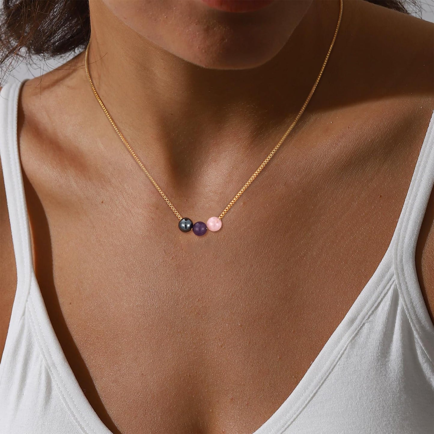 Suarlly Healing Crystal Necklace for Women 14k Plated Gold Beaded Necklace Anxiety Relief Triple Protection Amethyst Gifts for Friends Sister Mom Daughter Jewelry