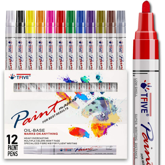 TFIVE Paint Pens Paint Markers Never Fade Quick Dry and Permanent, 12 Color Oil-Based Waterproof Marker Pen Set for Rock Painting, Ceramic, Wood, Fabric, Plastic, Canvas, Glass, Mugs