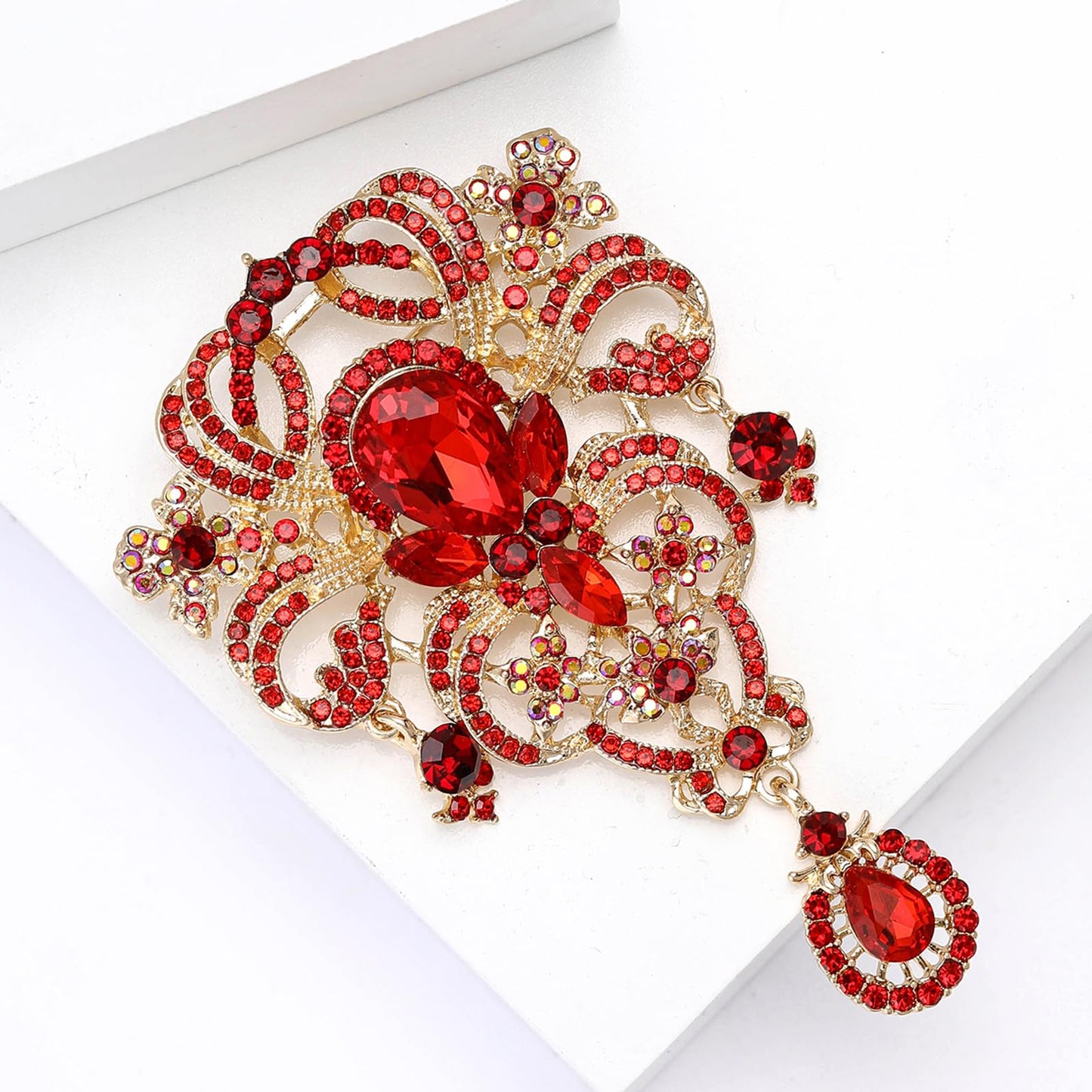 YOQUCOL Retro Red Austrian Crystal Big Brooch Pin for Women Large Flower Shape Brooches Lapel Pins for Sweater,Coat Dress Accessories