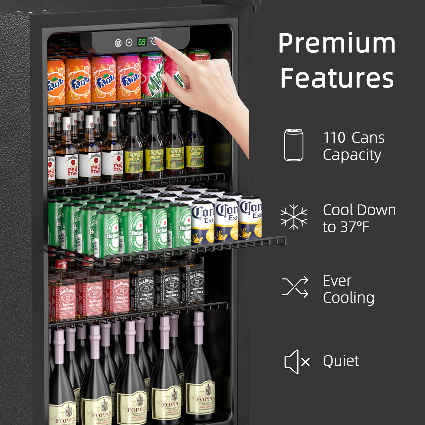 Erivess Beverage Refrigerator and Cooler, 110 Can/3.1 Cu Ft Mini Fridge with Glass Door, Adjustable Shelves for Soda,Bee,Wine, Free Standing Small Refrigerator, Digital Display, for Home, Bar, Office