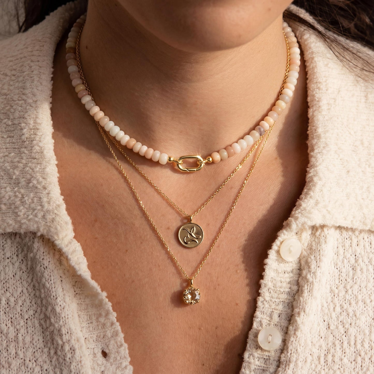 CONRAN KREMIX Beige Stone Beaded Necklace for Women,Natural Stone Bead Choker Necklaces Boho Summer Beach Necklace Gemstone Jewelry Gift for Women