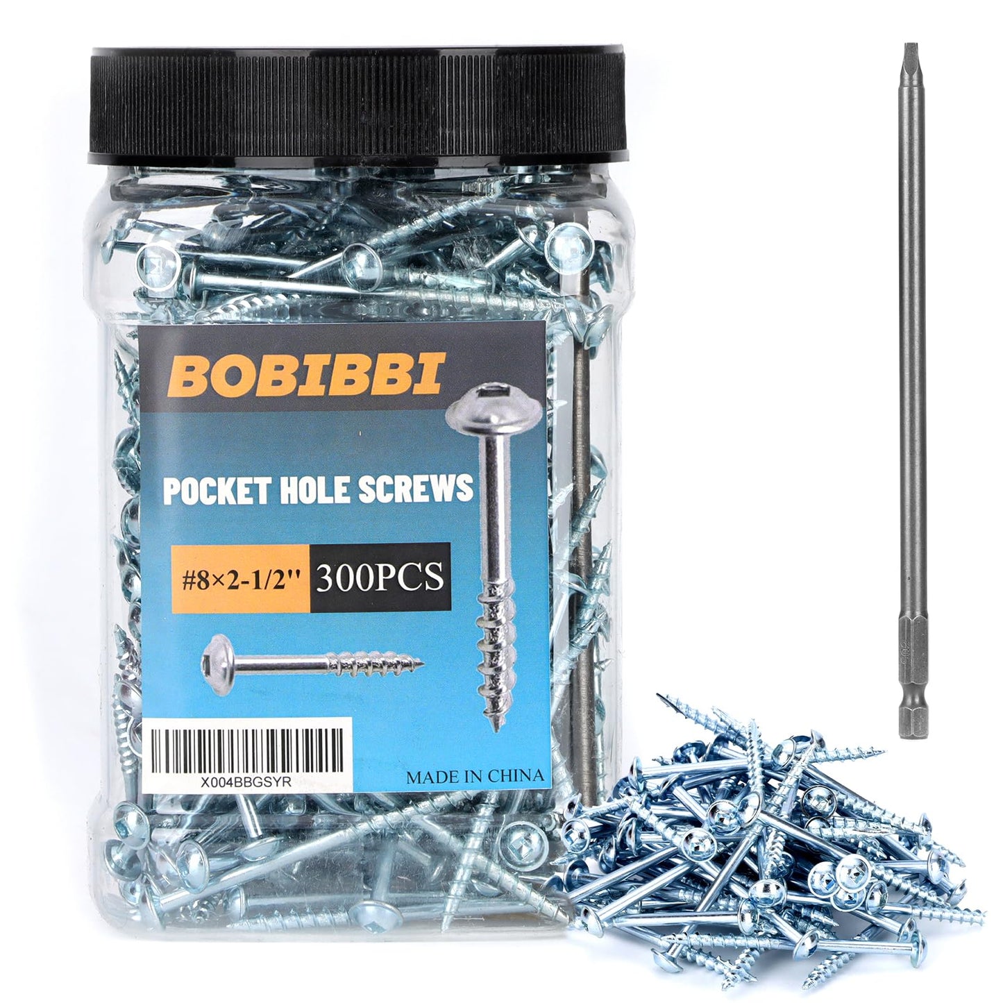 Bobibbi Pocket Hole Screws #8x2-1/2 Zinc, Coarse Thread Wood Screws, Washer Head with Square Drive 300Pcs, 150MM Drive Bit Included