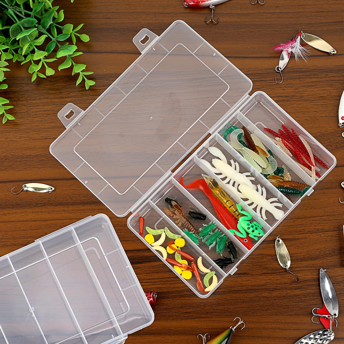 JUXYES 2Pack Plastic Small Fishing Tackle Box Organizer with 6 Compartments, Clear Mini Fishing Tackle Storage Boxes with Dividers, Transparent Fish Pocket Tackle Storage Box Lure Box