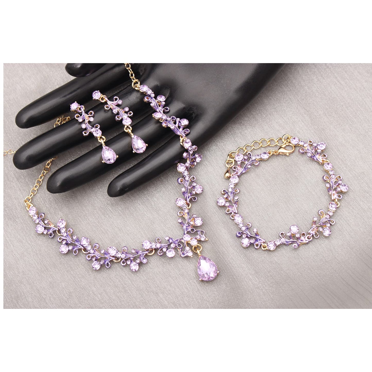 3Pcs Austrian Crystal Jewelry Set for Women, Necklace Dangle Earrings Link Bracelet Jewelry Set with Gold/Platinum/Gun Plated, Wedding Party Jewelry for Bridal Bridesmaid (Violet-Gold Plated)