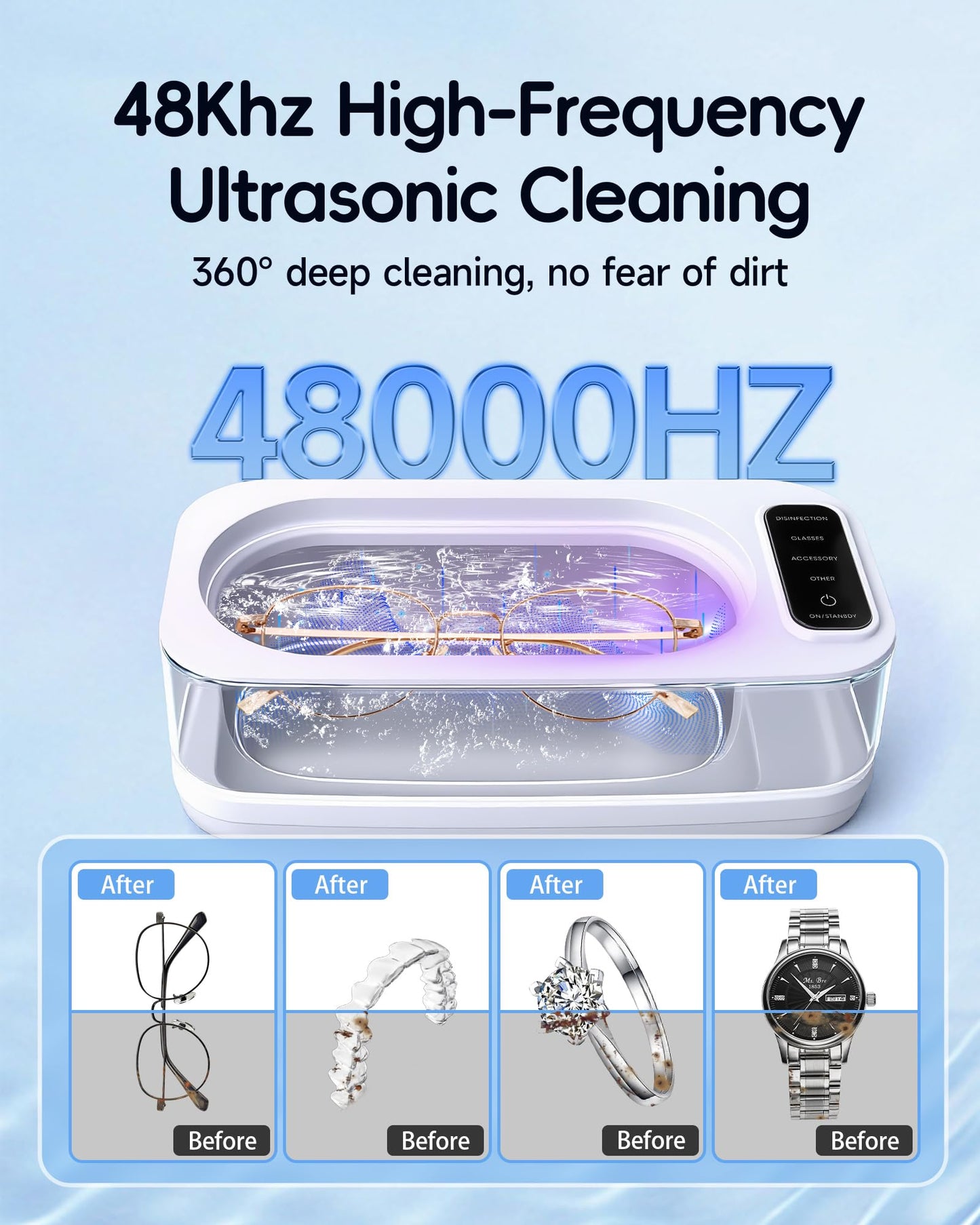 Ultrasonic Jewelry Cleaner Machine, 48KHz Ring Ultrasonic Cleaner, 4 Cleaning Modes - Suitable for Eyeglasses, Jewelry, Rings, Watchbands, Braces, Dentures, 13.5oz 304 Stainless Steel Tank for Gift