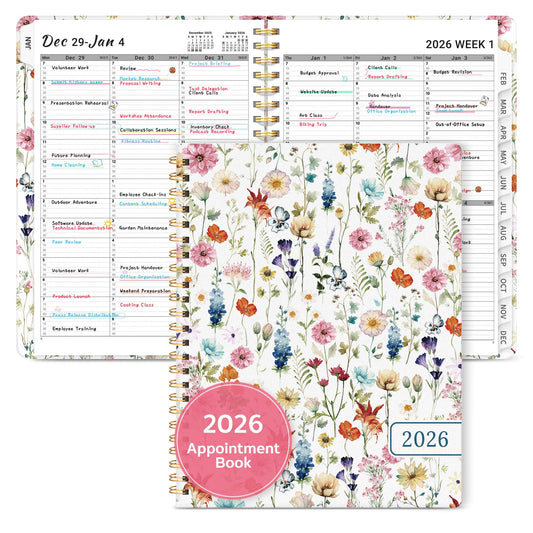 2026 Appointment Book Planner, Quarter-Hourly, Weekly & Monthly Appointment Planner (January 2026 - December 2026), 8.5"x11" Schedule Book with Flexible Cover & Tabs, Perfect for Office School Supplies - Wildflowers