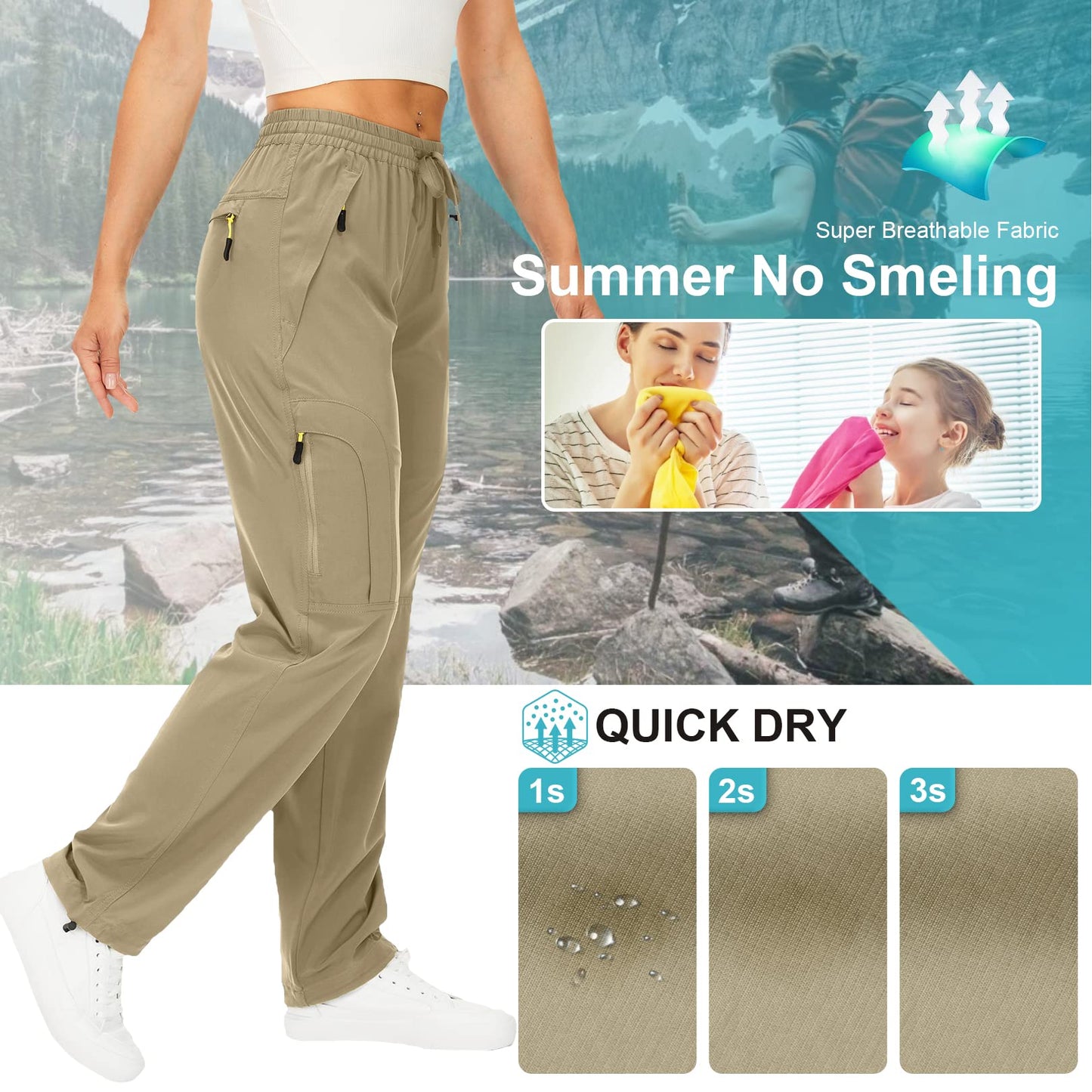 Womens Hiking Pants Quick Dry UPF 50 Lightweight Travel Golf Cargo Safari Pants Zipper Pockets,6608,Khaki,Petite L