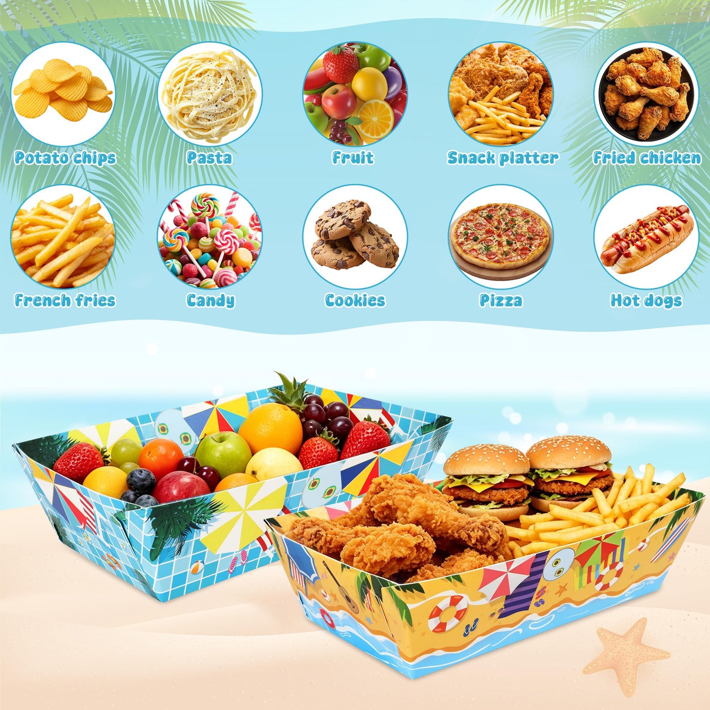100 Pcs Pool Party Decorations, 5.94" x 3.34" x 2.16" Summer Beach Pool Party Snack Trays, Disposable Paper Food Trays with 2 Designs, Serving Plates for Tropical Hawaiian Summer Themed Decorations