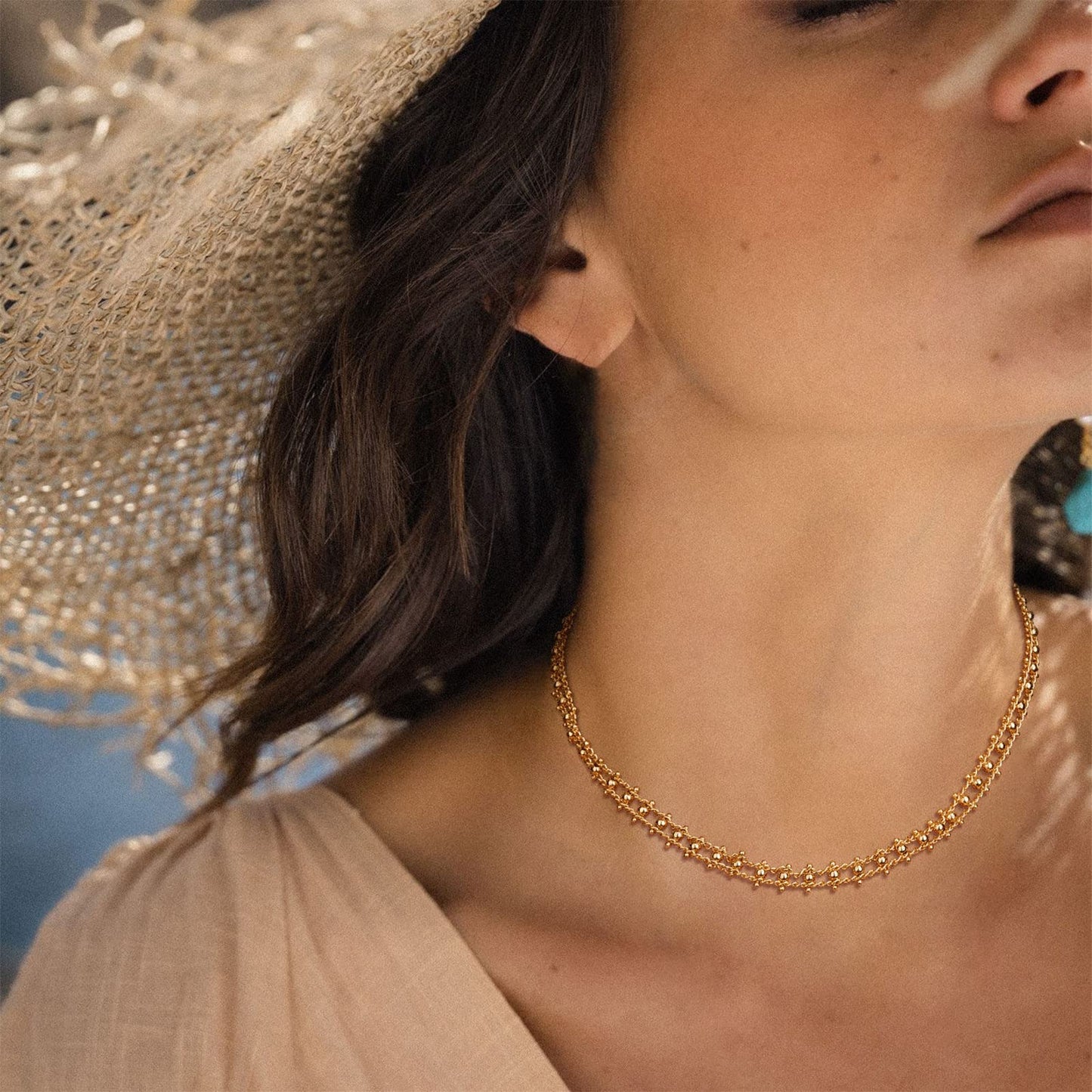 MTMY Beads Choker Necklace,14K Gold Plated Dainty Beaded Chain Choker Necklace Delicate Fashion Jewelry Gift for Women(braided beads)