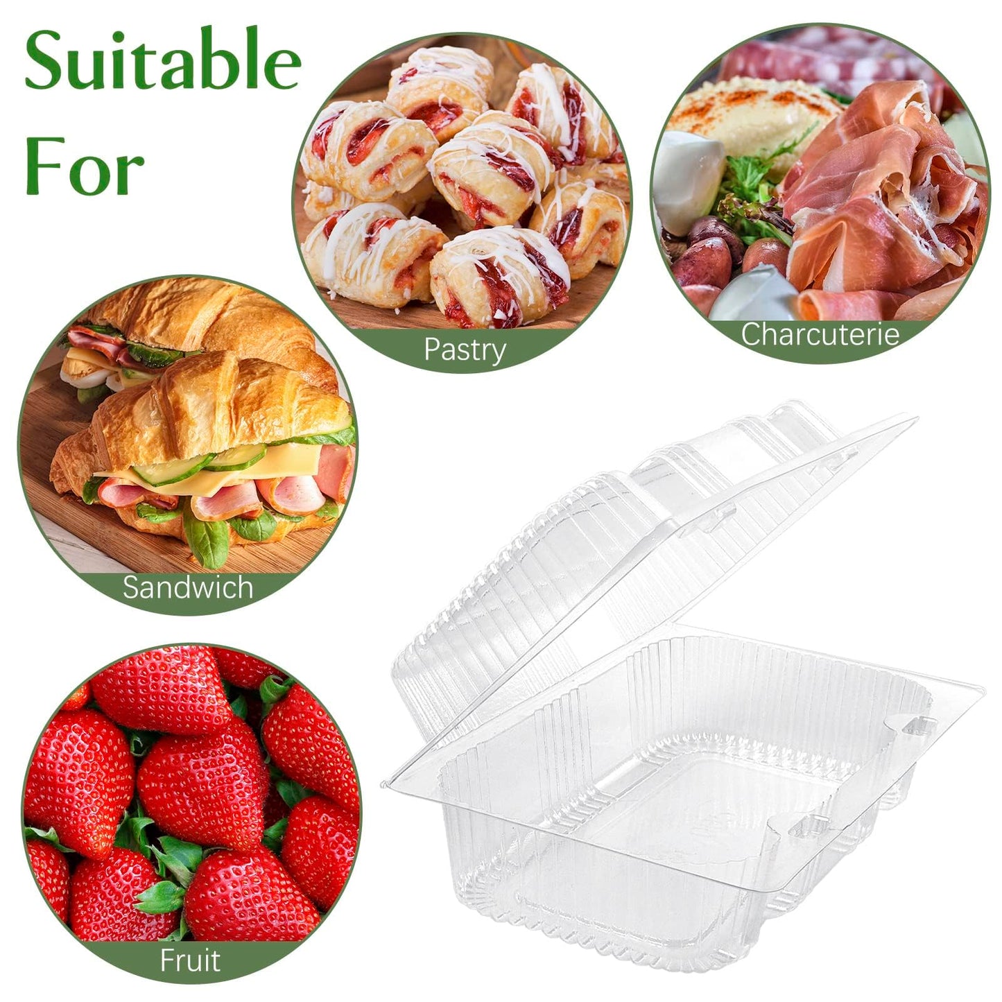 TOFLEN Disposable Sturdy Plastic Hinged Food Containers with Clear Lids (80 Pack) Clamshell Take Out Loaf Containers 7.2x4.7x3 Inches To Go Dessert Box Cake Slice Salad Pastry Sandwich Container