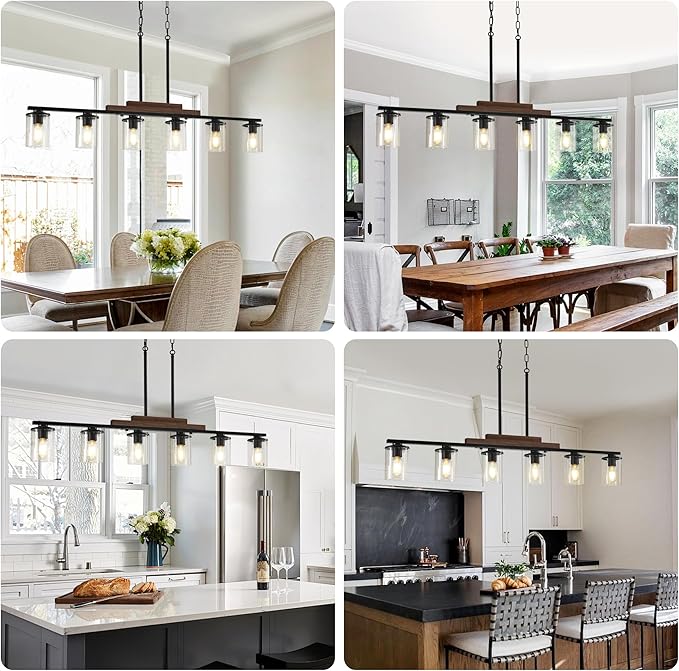 Dining Room Light Fixture Over Table, Farmhouse 6-Light Kitchen Island Lighting, Linear Black Chandelier with Clear Glass Shades, Modern Rustic Wood Pendant Kitchen Lights, with Adjustable Height