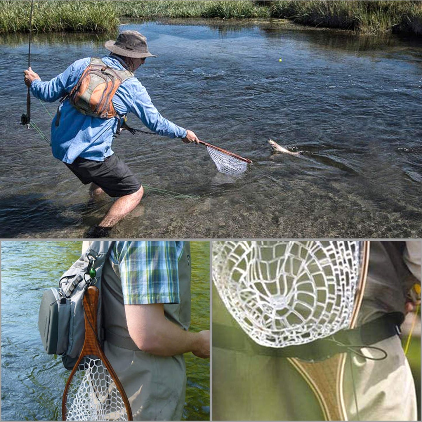 PLUSINNO Fly Fishing Net with Wooden Frame and Magnetic Release, Soft Rubber Mesh for Trout and Bass Catch and Release
