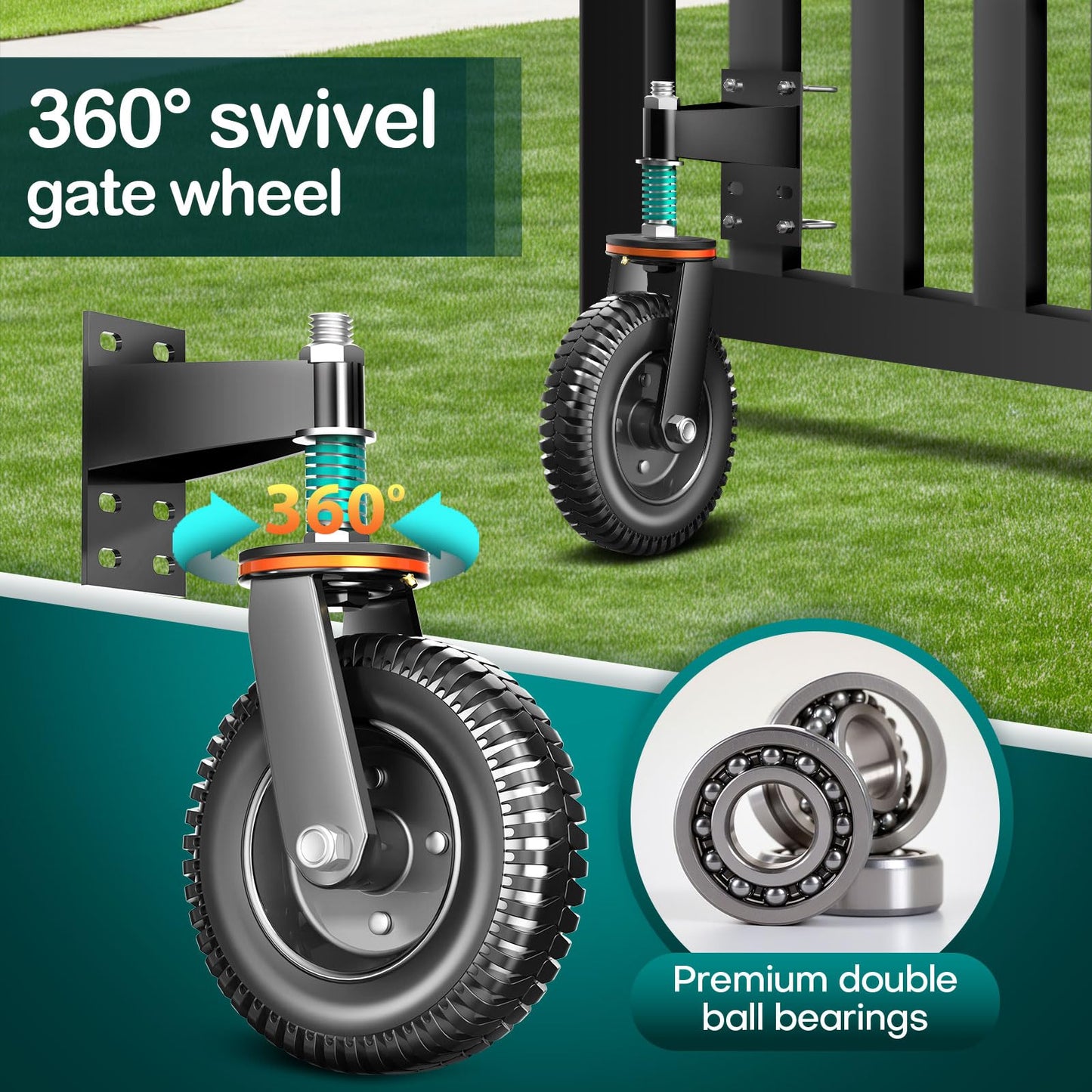8 Inch Heavy Duty Gate Wheel, 750 lb Capacity, Fits Metal Tube Gates and Wooden Gates, 360° Swivel Spring-Loaded Caster. Gate Wheel for Smooth Operation. (8-INCH 2PACK)