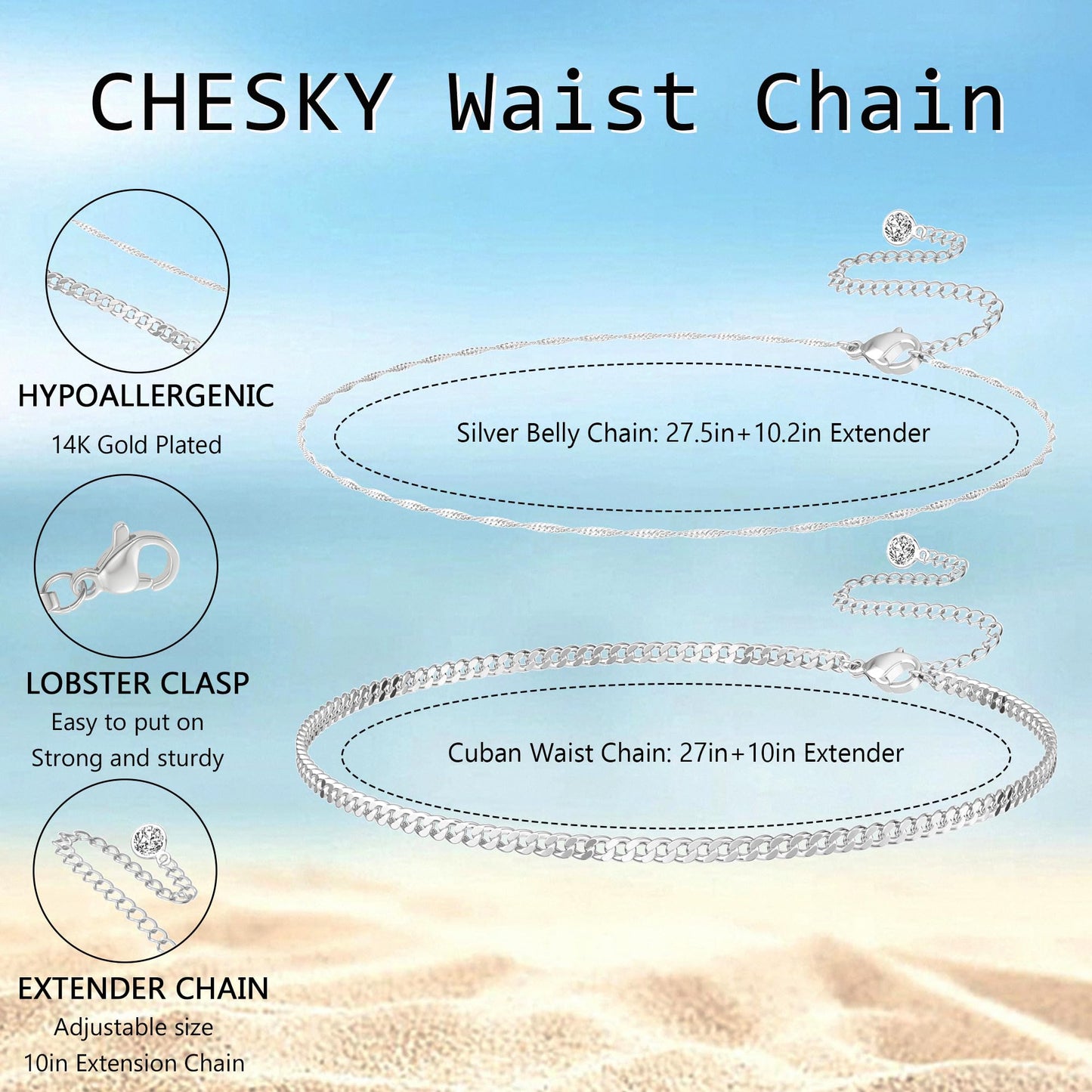 CHESKY Waist Chain for Women, Silver Plated Layered Belly Belt Chains Beach Waist Chain Waterproof Cuban Body Chain Summer Jewelry Accessories for Women