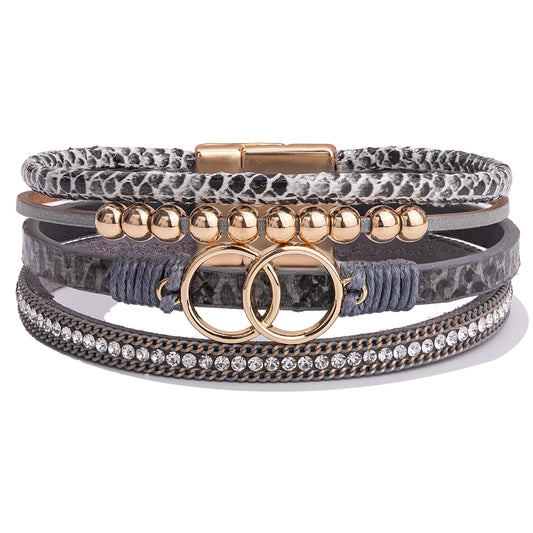 FANCY SHINY Boho Leather Wrap Bracelet Stackable Beaded Infinity Chunky Cuff Bracelets with Magnetic Clasp Western Hippie Outfits Jewelry Gifts for Women(Snakeskin Grey)