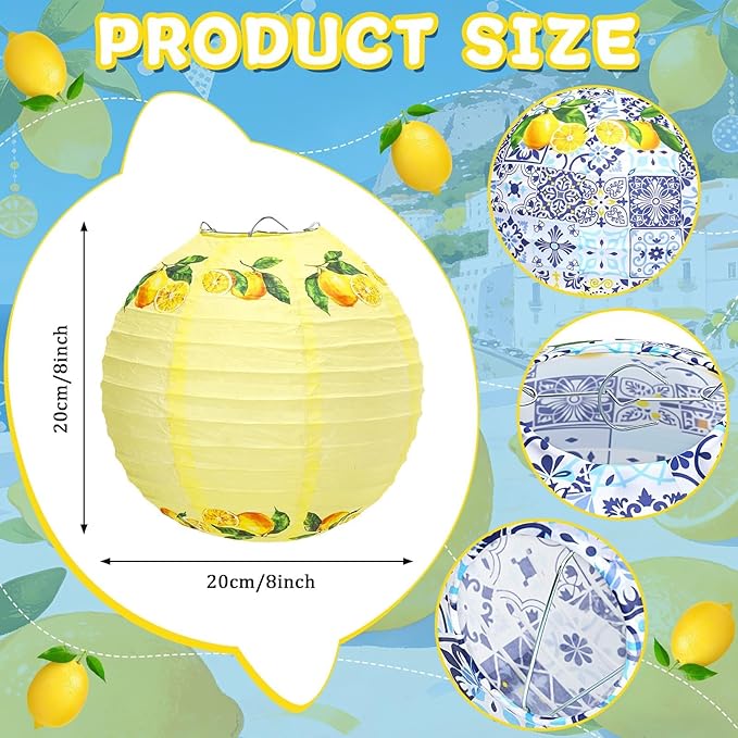 DECYOOL Capri Lemon Pattern Paper Lanterns,12 Pack Mediterranean Party Decor with White, Yellow, and Blue Designs for Indoor Outdoor Celebration