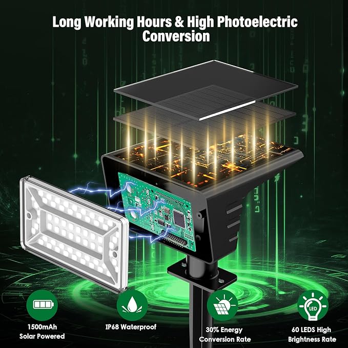 Solar Spot Lights Outdoor with 60 LED & Auto On/Off, 6 Pack Solar Lights Outdoor Waterproof IP68 with 3 Lighting Modes, 2-in-1 Solars Landscape Light for Outside, Garden, Yard(Cool White)