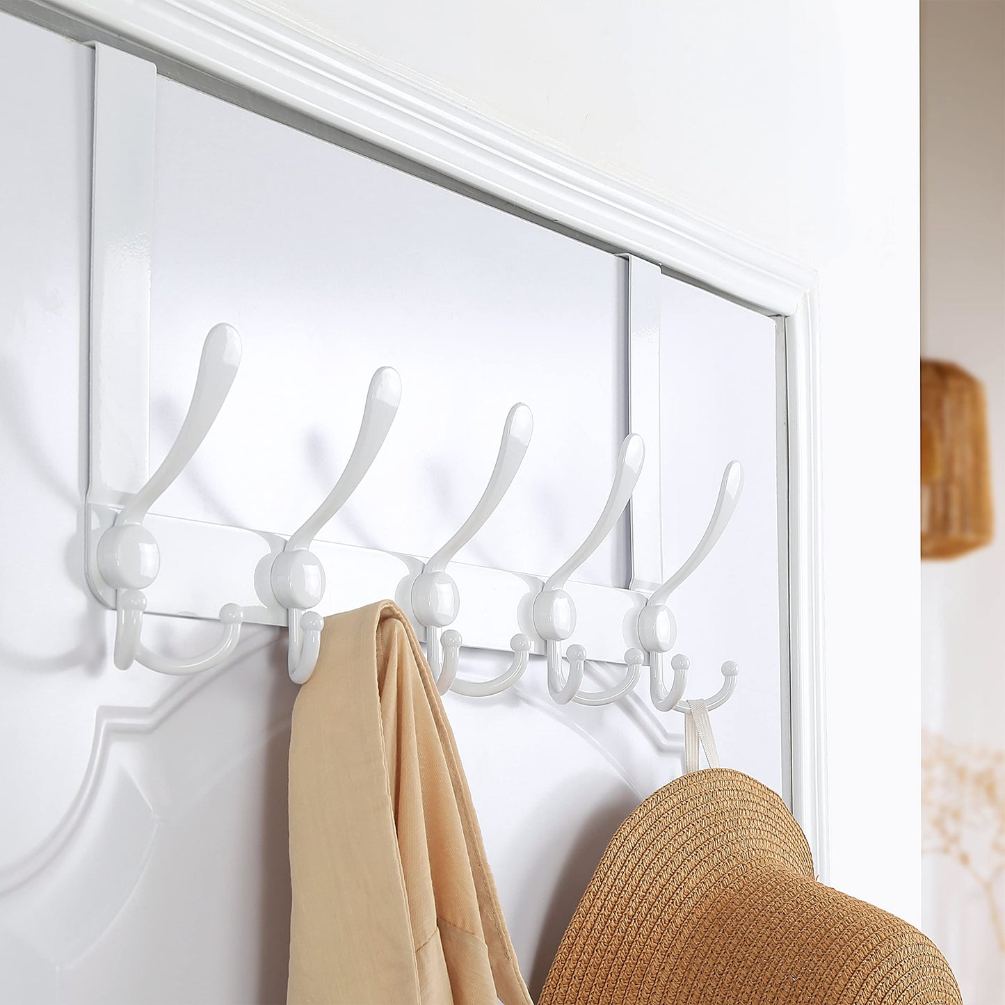 Dseap Over The Door Hook Hanger - Fits 1 3/8" to 1 3/4" Standard Doors | 5 Tri Hooks Heavy Duty Towel/Coat Rack | Door Organizer for Clothes, Jackets, Hats, Towels, White