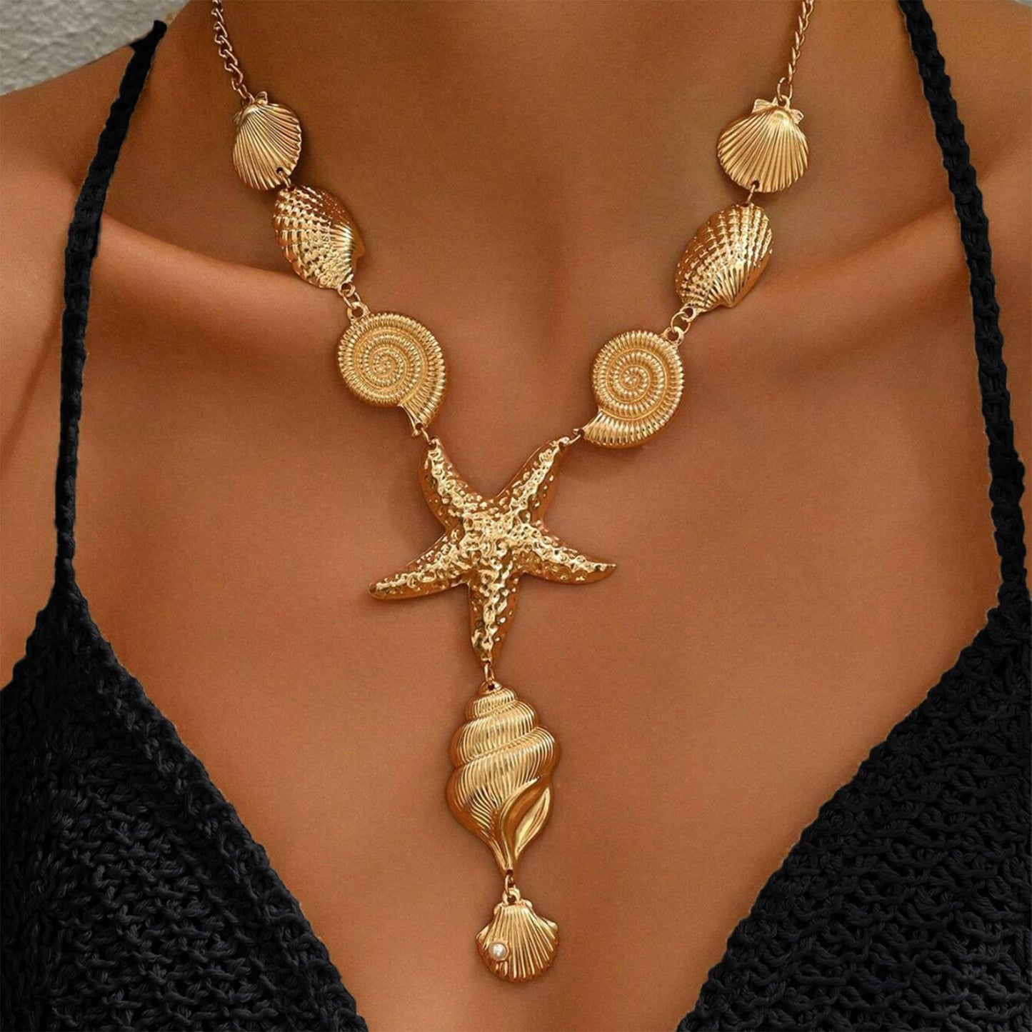 JAGWQRK Starfish Seashell Necklaces for Women Boho Y-Shaped Big Seashell Conch Pendant Necklace Statement Summer Beach Holiday Party Present Jewelry